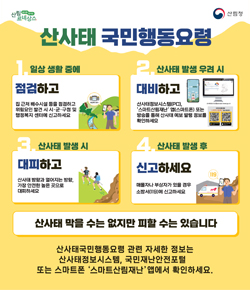 산사태 국민행동요령 / 1. 일상 생활 중에 점검하고 집 근처 배수시설 등을 점검하고 위험요인 발견 시 시·군·구청 및 행정복지 센터에 신고하세요 /2. 산사태 발생 우려 시 대피하고 산사태정보시스템(PC), 스마트산림재난 앱(스마트폰) 또는 방송을 통해 산사태 예보 발령 정보를 확인하세요 / 3. 산사태 발생 시 대피하고 산사태 방향과 멀어지는 방향, 가장 안전한 높은 곳으로 대피하세요 / 4. 산사태 발생 후 신고하세요 매몰자나 부상자가 있을 경우 소방서(119)에 신고하세요 / 산사태 막을 수는 없지만 피할 수는 있습니다. / 산사태국민행동요령 관련 자세한 정보는 산사태정보시스템, 국민재난안전포털 또는 스마트폰 스마트산림재난앱에서 확인하세요