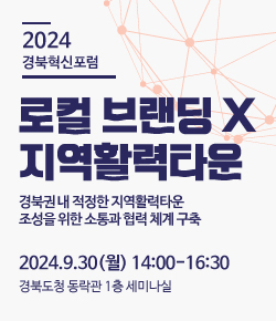 2024 경북혁신포럼 로컬 브랜딩 X 지역활력타운 - 경북권 내 적정한 지역활력타운 조성을 위한 소통과 협력 체계 구축, 2024.9.30(월) 14:00-16:30 경북도청 동락관 1층 세미나실